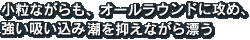 小粒ながらも、オールラウンドに攻め、強い吸い込み潮を抑えながら漂う